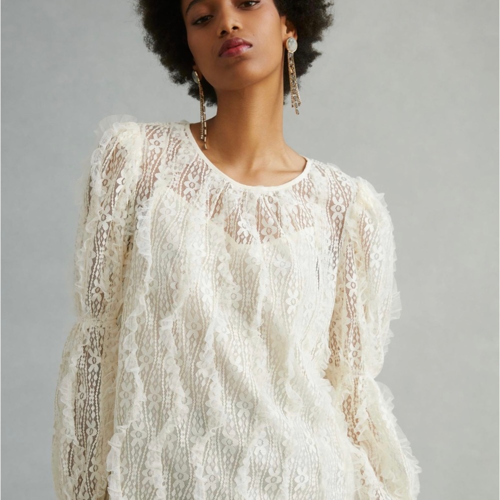 Anthropologie Daniel Rainn Sheer Blouse Ivory sheer ruffled